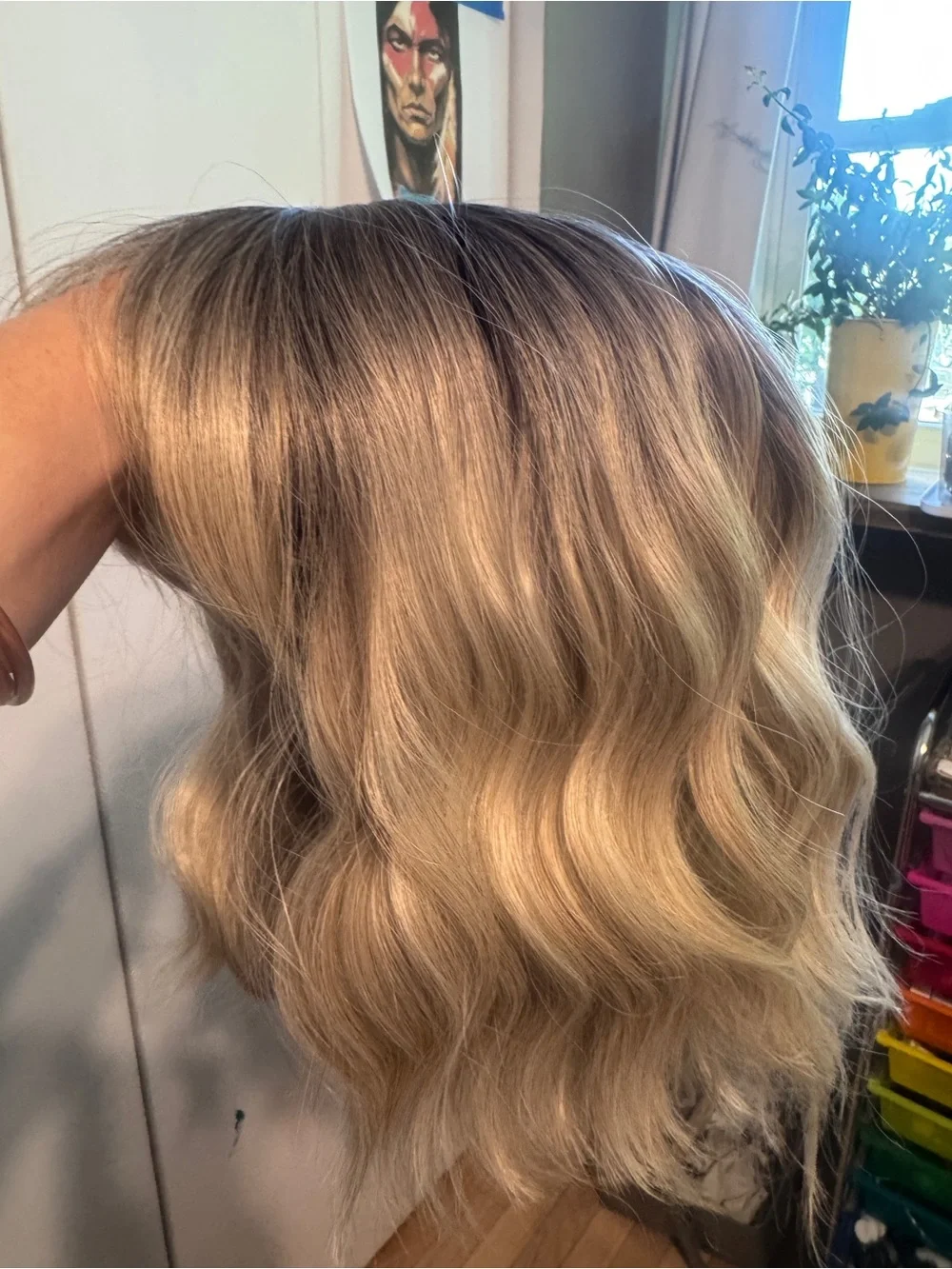Ash Blonde Wavy Bob Synthetic Wig With Dark Shadow Root & Bangs